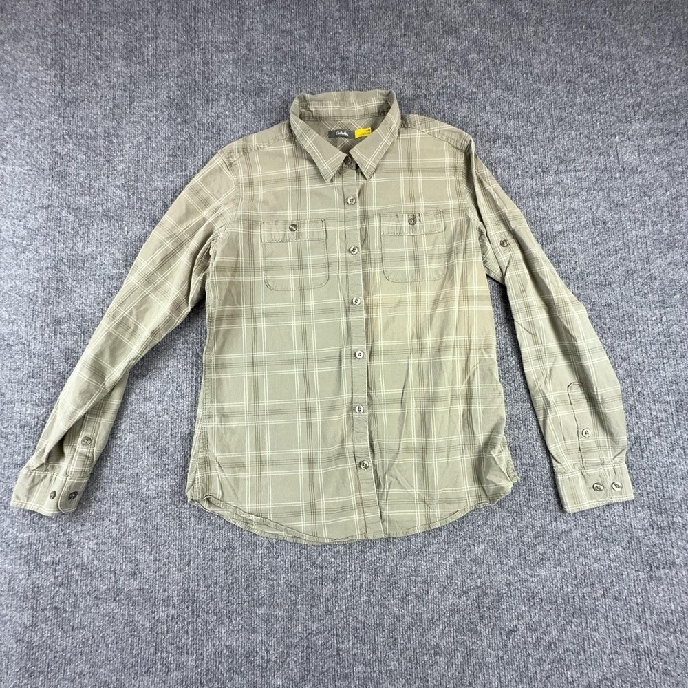 Cabela's Mens Medium Green Plaid Long Sleeve Button Up Stretch Shirt 924676